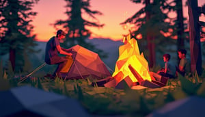 dad and son camping setting up a tent at sundown, in the background other dads and their kids are scene near a campfire, set in a forest of the pacifi